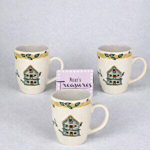 Thomson Pottery BIRDHOUSE 39146 Birds Vines Hearts 12oz 4" Tall Mug Cup  Set 3